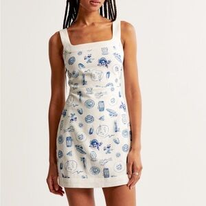 NWT Abercrombie Linen-Blend Wide Strap Mini Dress in White Pattern | size MP